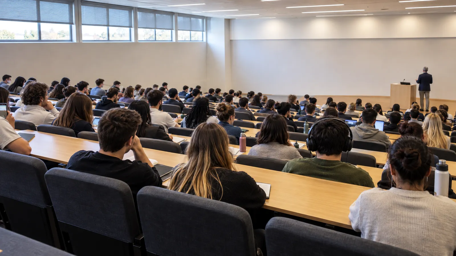 A bright lecture hall with tiered rows and laptops, a talk under way at the lectern