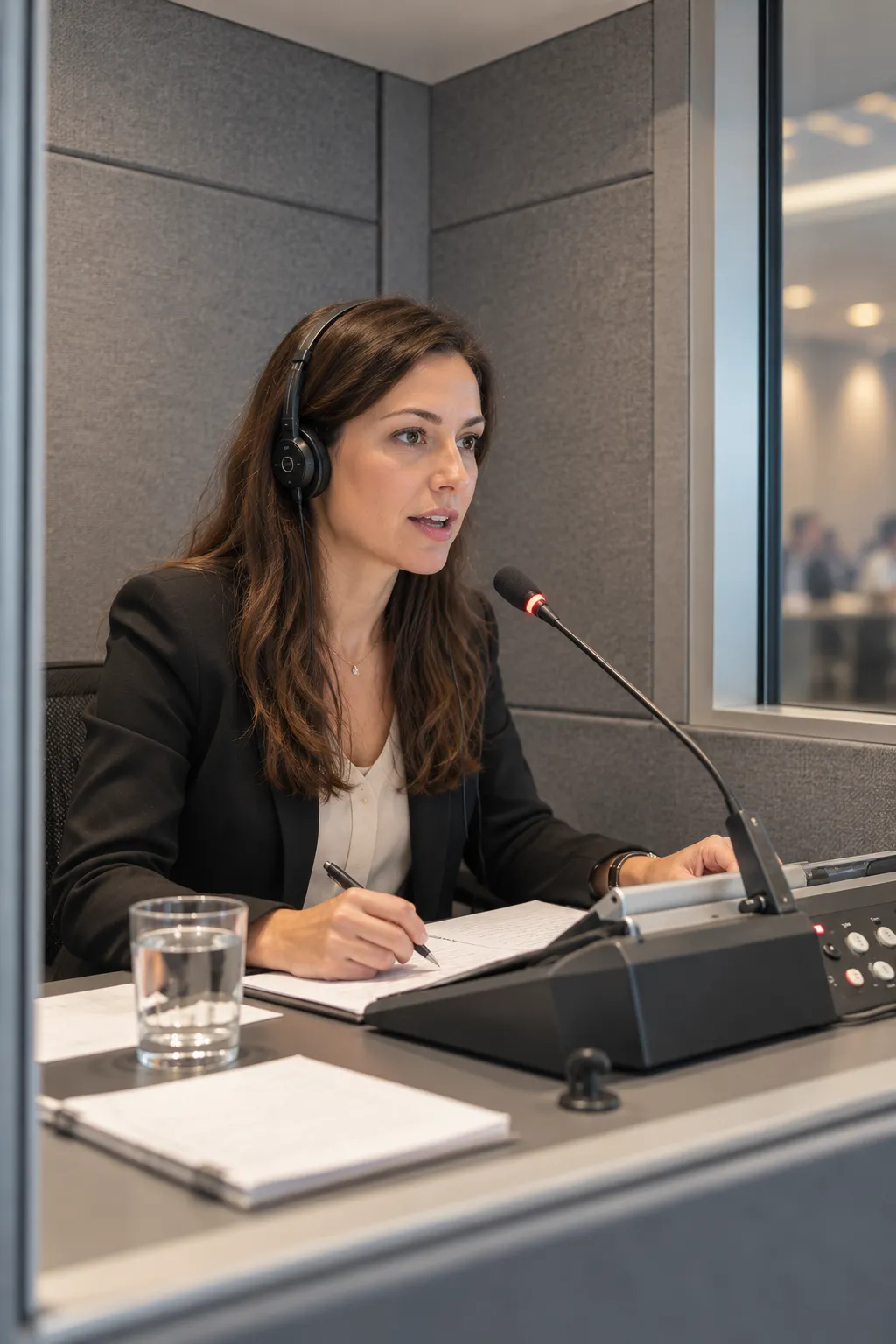 Someone in an interpreting booth speaks into a desk microphone wearing a headset, next to a glass of water and notes.