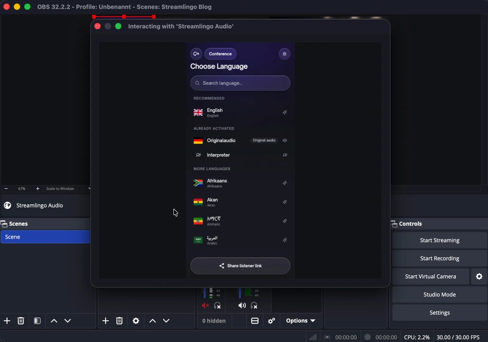 The OBS interaction window shows the Streamlingo listener page with its language selection.