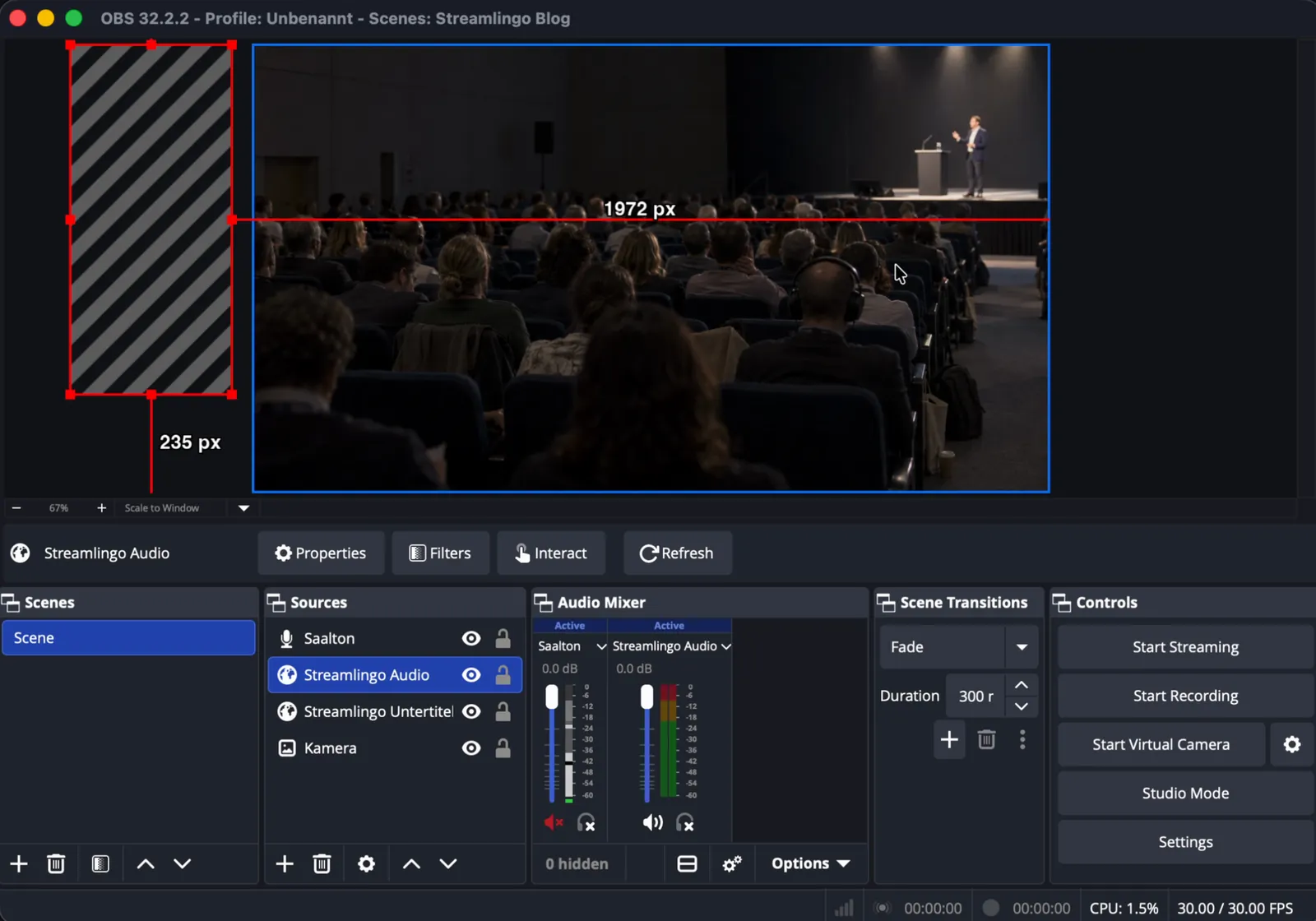 OBS Studio with the camera image of a conference hall. The Streamlingo Audio source sits hatched in grey to the left, outside the frame; in the audio mixer the room sound is muted and Streamlingo Audio is active.