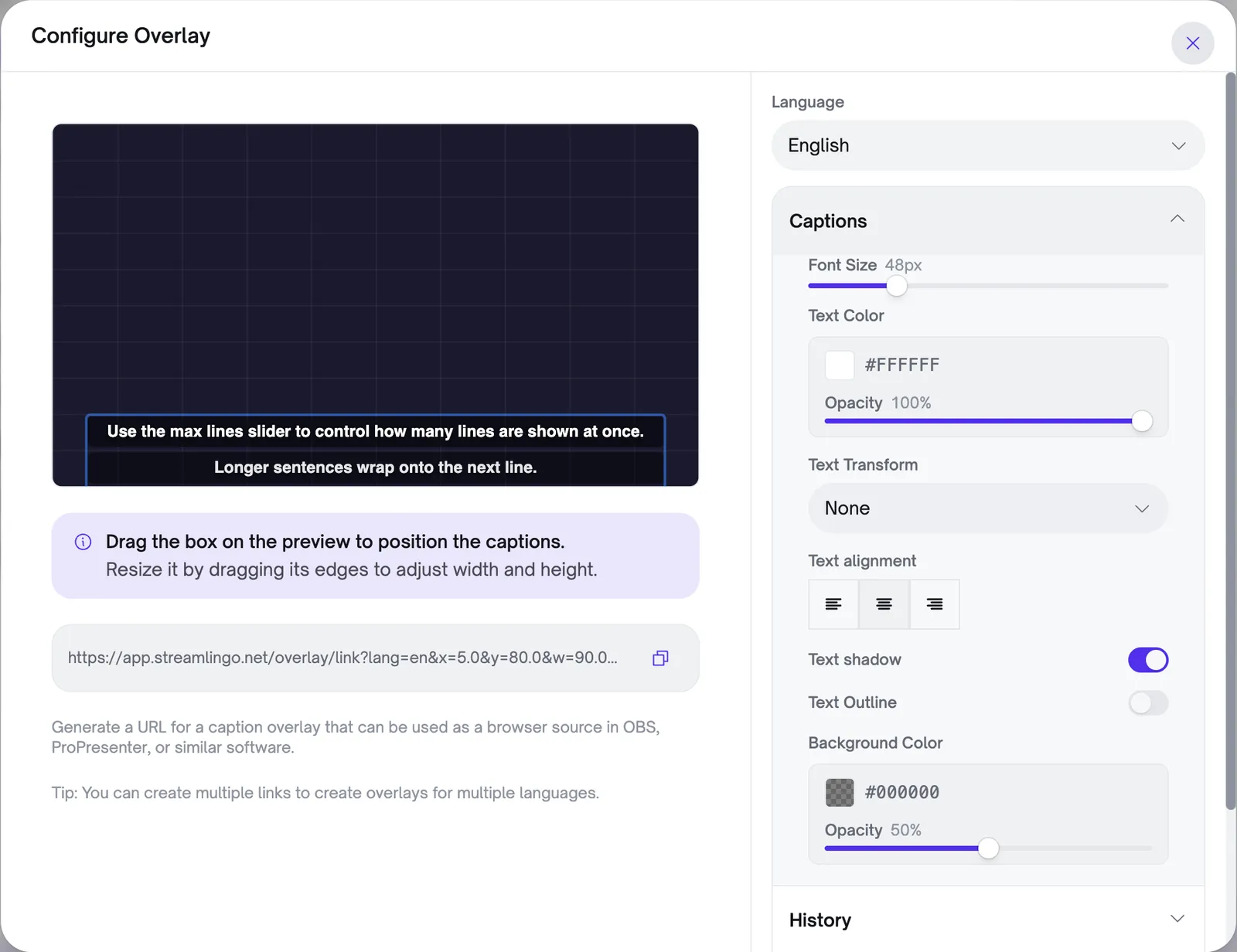 The overlay editor in Streamlingo: on the left a preview with the caption box and the overlay address, on the right settings for language, font size, text colour and background.